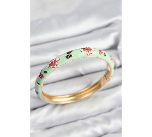 Mineli Pirinç Su Yeşili Çiçek Motifli Gold Kadın Kelepçe