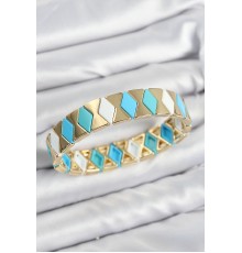 Pirinç Baklava Desenli Mavi Beyaz Gold Renk Lastikli Kadın Bileklik