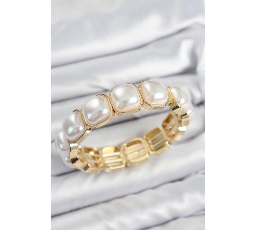 Pirinç Kare İnci Model Gold Renk Lastikli Kadın Bileklik