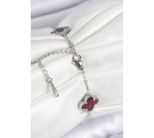 316L Çelik Sedefli Kırmızı Gümüş Renk Yonca Kadın Bileklik