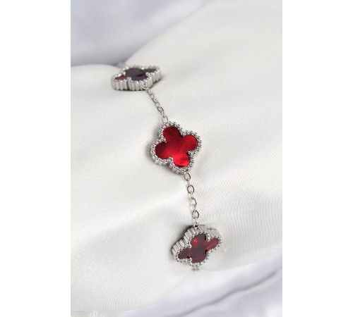 316L Çelik Sedefli Kırmızı Gümüş Renk Yonca Kadın Bileklik