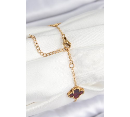 316L Çelik Sedefli Kırmızı Gold Renk Yonca Kadın Bileklik