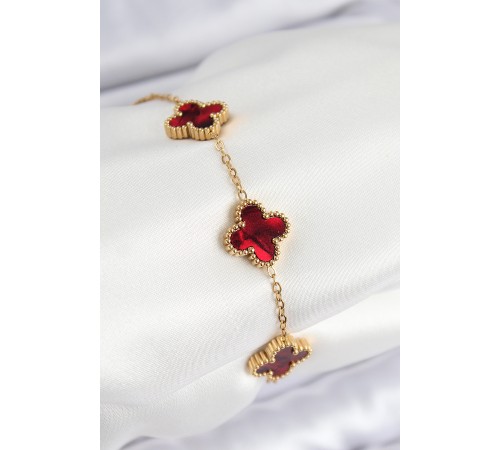 316L Çelik Sedefli Kırmızı Gold Renk Yonca Kadın Bileklik