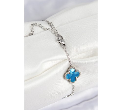 316L Çelik Sedefli Gökyüzü Mavisi Gümüş Renk Yonca Kadın Bileklik