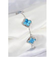 316L Çelik Sedefli Gökyüzü Mavisi Gümüş Renk Yonca Kadın Bileklik