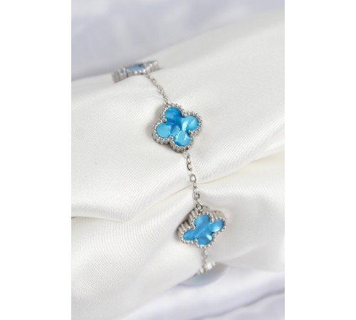 316L Çelik Sedefli Gökyüzü Mavisi Gümüş Renk Yonca Kadın Bileklik