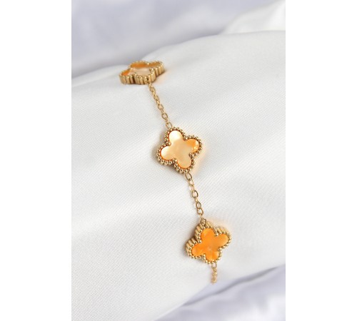 316L Çelik Sedefli Turuncu Gold Renk Yonca Kadın Bileklik