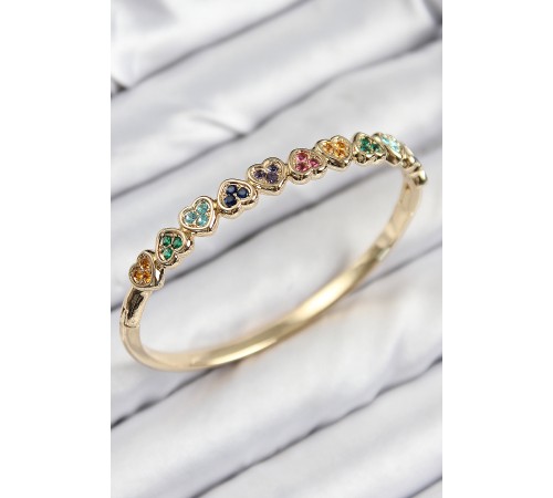 Pirinç Renkli Zirkon Taşlı Sıralı Kalp Model Gold Renk Kadın Kelepçe