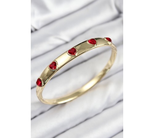 Pirinç Zirkon Taşlı Kırmızı Kalp Model Gold Renk Kadın Kelepçe