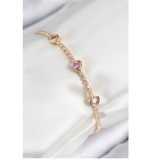 Pirinç Zirkon Taşlı Pembe Kalp Model Gold Renk Kadın Bileklik