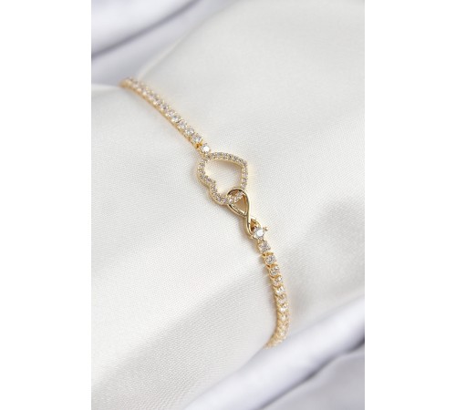 Pirinç Zirkon Taşlı Sonsuzluk Kalp Model Gold Renk Kadın Bileklik