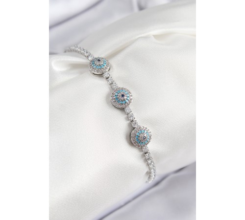 Pirinç Zirkon Taşlı Nazar Model Gümüş Renk Kadın Bileklik