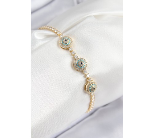 Pirinç Zirkon Taşlı Nazar Model Gold Renk Kadın Bileklik