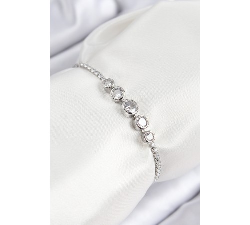 Pirinç Zirkon Taşlı Sıralı Daire Model Gümüş Renk Asansörlü Kadın Bileklik