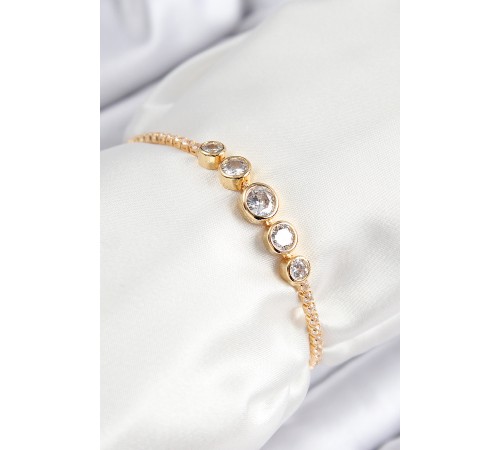 Pirinç Zirkon Taşlı Sıralı Daire Model Gold Renk Asansörlü Kadın Bileklik