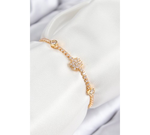 Pirinç Zirkon Taşlı Kar Tanesi Model Gold Renk Asansörlü Kadın Bileklik