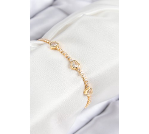 Pirinç Zirkon Taşlı Sıralı Kalp Model Gold Renk Kadın Bileklik