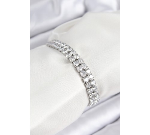 Pirinç Zirkon Taşlı Çift Sıra Kare Model Gümüş Renk Asansörlü Kadın Bileklik