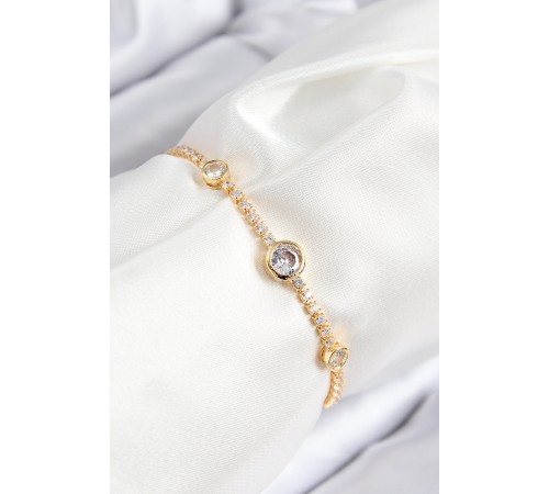 Pirinç Zirkon Taşlı Daire Model Gold Renk Asansörlü Kadın Bileklik