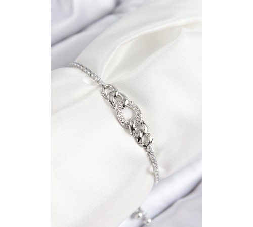 Pirinç Zirkon Taşlı Zincir Model Gümüş Renk Asansörlü Kadın Bileklik