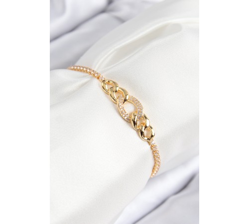 Pirinç Zirkon Taşlı Zincir Model Gold Renk Asansörlü Kadın Bileklik