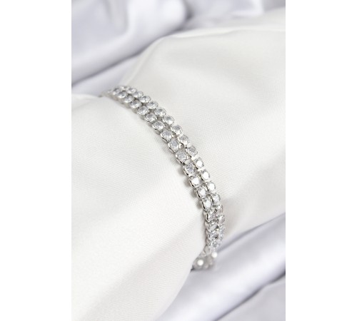 Pirinç Zirkon Taşlı Çift Sıra Model Gümüş Renk Asansörlü Kadın Bileklik