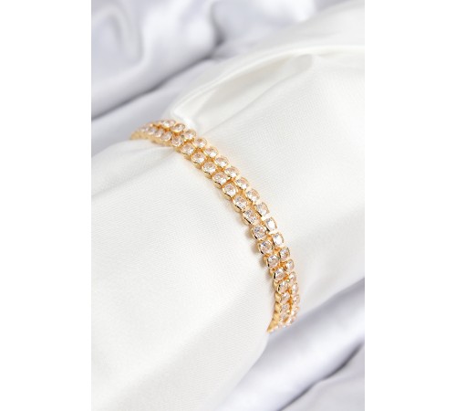 Pirinç Zirkon Taşlı Çift Sıra Model Gold Renk Asansörlü Kadın Bileklik