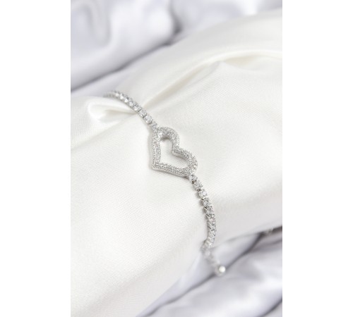 Pirinç Zirkon Taşlı Kalp Model Gümüş Renk Asansörlü Kadın Bileklik