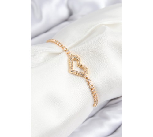 Pirinç Zirkon Taşlı Kalp Model Gold Renk Asansörlü Kadın Bileklik
