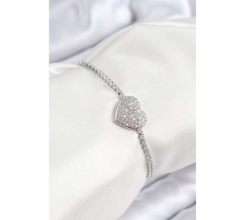 Pirinç Zirkon Taşlı Kalp Model Gümüş Renk Asansörlü Kadın Bileklik