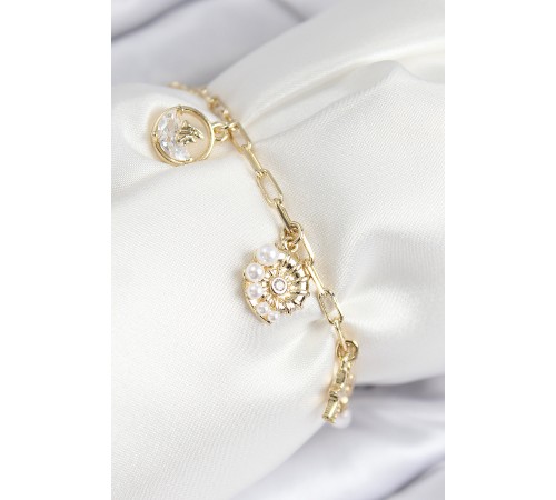 Pirinç Zirkon Taşlı Deniz Kabuğu Model Gold Renk Kadın Bileklik