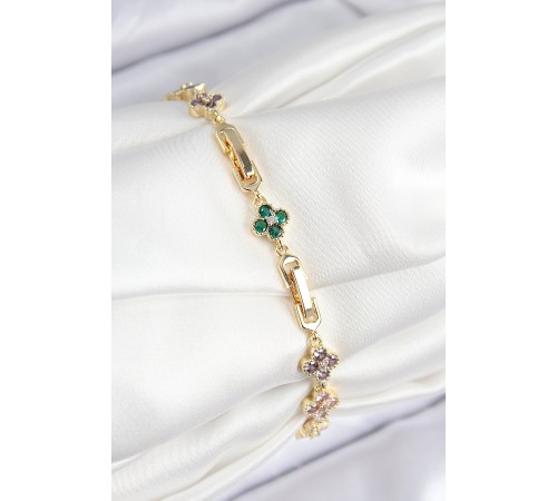 VIP Pirinç Renkli Zirkon Taşlı Yonca Model Gold Renk Kadın Bileklik