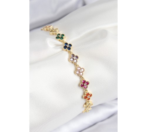 VIP Pirinç Renkli Zirkon Taşlı Yonca Model Gold Renk Kadın Bileklik