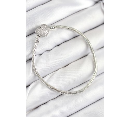 Pirinç Charm Zirkon Taşlı Kalp Model Gümüş Renk Kadın Bileklik