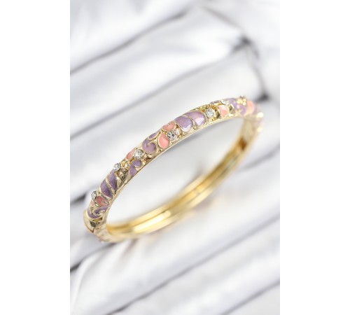 Mineli Pirinç Zirkon Taşlı Pembe Mor Çiçek Motifli Gold Kadın Kelepçe