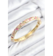 Mineli Pirinç Zirkon Taşlı Pembe Çiçek Motifli Gold Kadın Kelepçe