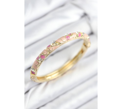 Mineli Pirinç Zirkon Taşlı Pembe Çiçek Motifli Gold Kadın Kelepçe