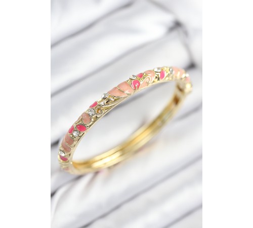 Mineli Pirinç Zirkon Taşlı Pembe Çiçek Motifli Gold Kadın Kelepçe