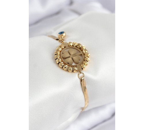 316L Çelik Nazar Boncuk Detaylı Yonca Model İtalyan Zincir Gold Renk Kadın Bileklik