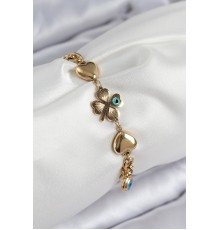 316L Çelik Nazar Boncuk Detaylı Yonca Model Gold Renk Kadın Bileklik