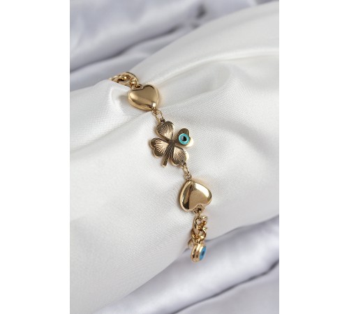 316L Çelik Nazar Boncuk Detaylı Yonca Model Gold Renk Kadın Bileklik