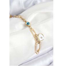 316L Çelik Nazar Boncuğu Ve Zirkon Taşlı Kalp Model Gold Renk Kadın Bileklik