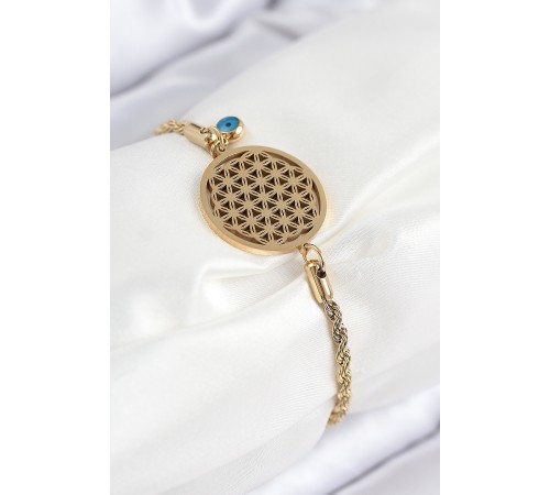 316L Çelik Nazar Boncuğu Detaylı Yaşam Çiçeği Model Gold Renk Kadın Bileklik