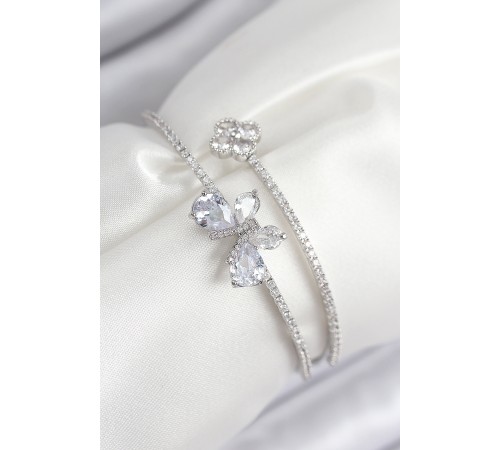 Pirinç Zirkon Taşlı Kelebek Ve Yonca Model Gümüş Renk Kadın Bileklik