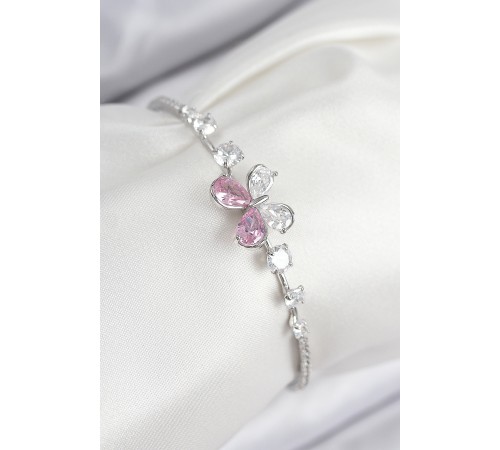 Pirinç Zirkon Taşlı Kelebek Model Gümüş Renk Kadın Bileklik