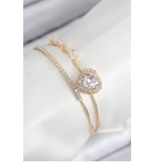 Pirinç Zirkon Taşlı Kalp Model Gold Renk Kadın Bileklik