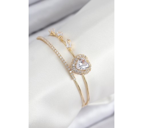 Pirinç Zirkon Taşlı Kalp Model Gold Renk Kadın Bileklik