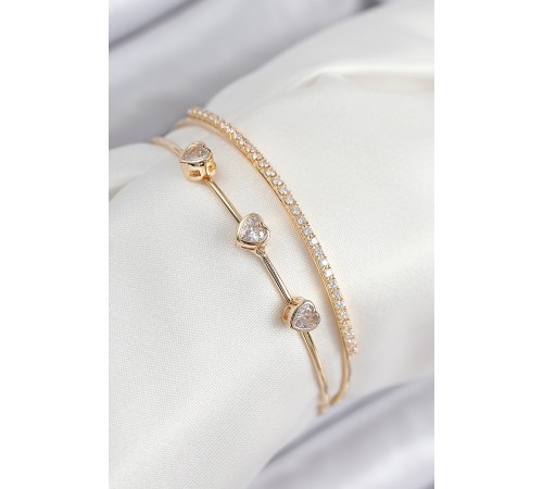 Pirinç Zirkon Taşlı Kalp Model Gold Renk Kadın Bileklik