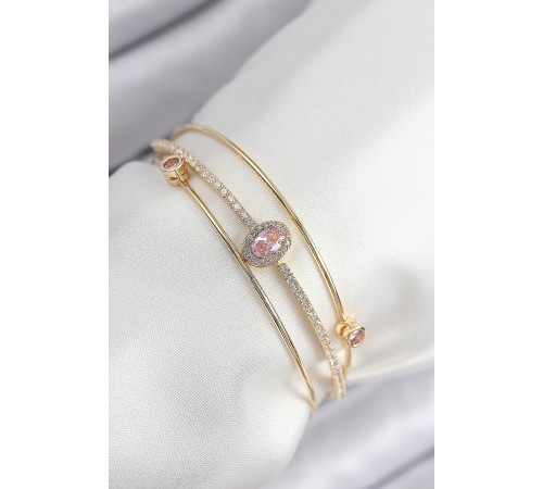Pirinç Zirkon Taşlı Baget Model Gold Renk Kadın Bileklik