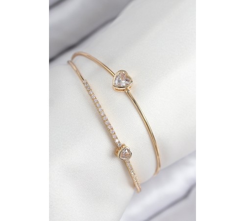 Pirinç Zirkon Taşlı Kalp Model Gold Renk Kadın Bileklik
